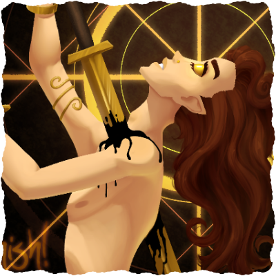 Painted: My OC Thanatos, clad in golden jewelry and stabbing a sword through his own neck.